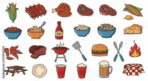 Assorted Hand Drawn BBQ and Summer Cookout Food Icons Set for Grilling Events