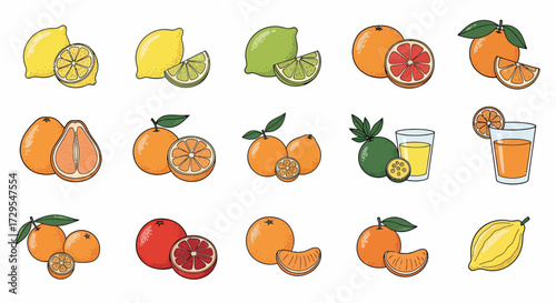 Vibrant Citrus Fruits and Juices Icons