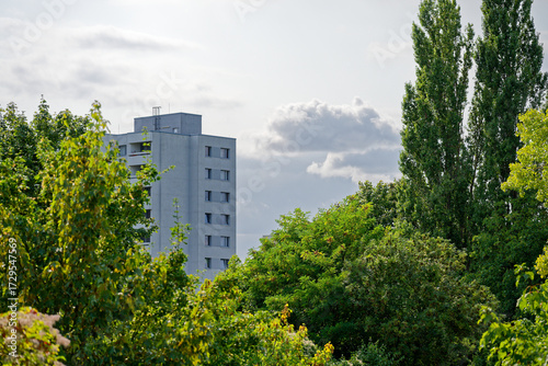 Wallpaper Mural Gray apartment block rises beyond trees and white sky Torontodigital.ca