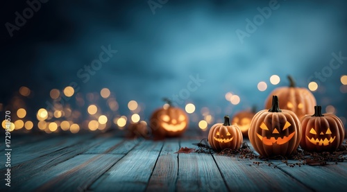 halloween background with pumpkins on a wooden table and light decorations halloween concept banner design. spooky halloween party decorations, a blue night sky, bokeh light effect Generative AI