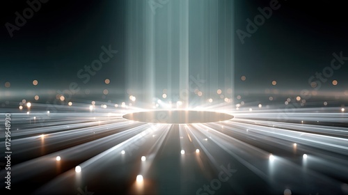 Luminous Holographic Technology Concept with Glowing Light Rays and Circular Platform on Dark Geometric Grid Background