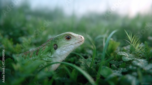 Luminous Iguana Lying on Dewy Green Grass in Morning Sunlight