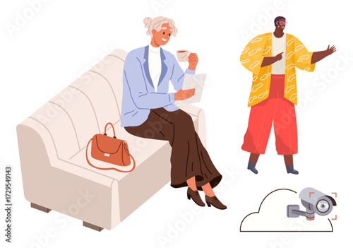 Woman enjoying coffee and tablet on a sofa, purse beside her. Male figure stands gesturing. Security camera with cloud storage nearby. Ideal for technology, surveillance, leisure, lifestyle