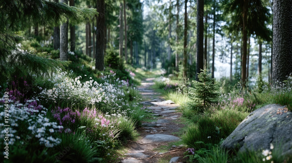Fototapeta premium Lush Forest Pathway with Sunlight and Wildflowers Stone Path and Tall Trees Serene Nature Scene with Cinematic HDR Lighting