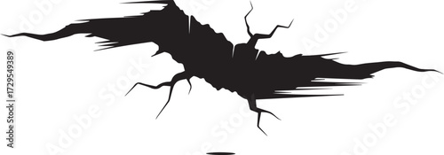 Dramatic black crack fissure on a clean white background, symbolizing rupture or breakdown.