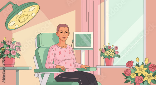Woman sitting in a dentist chair with flowers and medical light