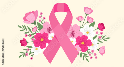 Pink ribbon with floral arrangement symbolizing breast cancer awareness and support