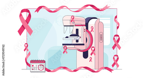 Breast cancer screening mammography machine with pink ribbons and calendar