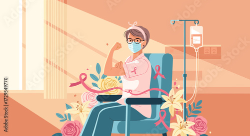 Woman in wheelchair receiving chemotherapy with hope and strength