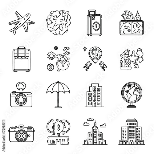 A comprehensive set of thin line icons illustrating concepts of global travel, vacation planning, and tourism logistics