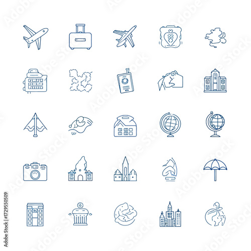 A set of blue line art icons representing the elements of global travel, tourism, and the journey of worldwide adventure and discovery