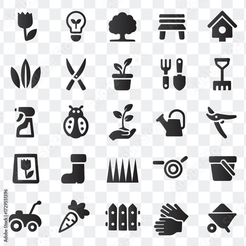 Gardening Tools Plants Silhouette Icons Set