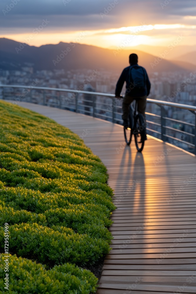Fototapeta premium Silhouette of a cyclist biking on a boardwalk during golden hour, dramatic sunset horizon and city skyline in background