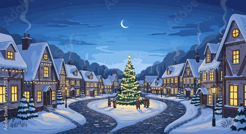 Charming snowy village street at night with a decorated christmas tree