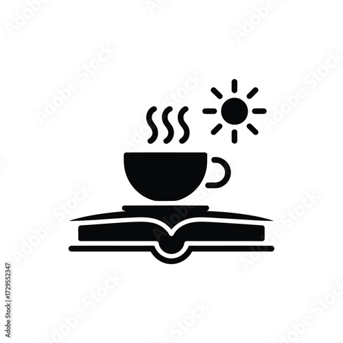 Coffee cup on a book with sun illustration representing morning reading time and relaxation concept
