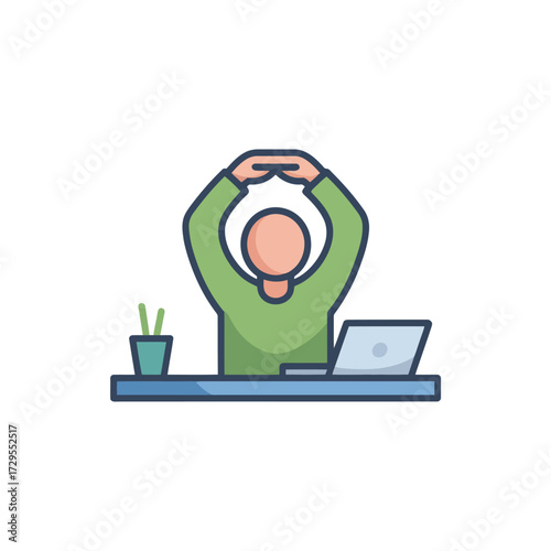 Office worker stretching at desk with laptop for better health during work hours