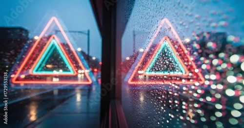Vibrant neon-lit triangle sign brilliantly reflected on a rain-streaked window, illuminating a moody urban street at night with atmospheric city lights