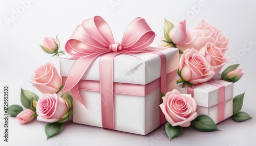 charming gift boxes adorned with delicate pink ribbons and roses on a soft background perfect for celebrations and special occasions isolated on white background