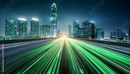 cityscape with green data streams over road