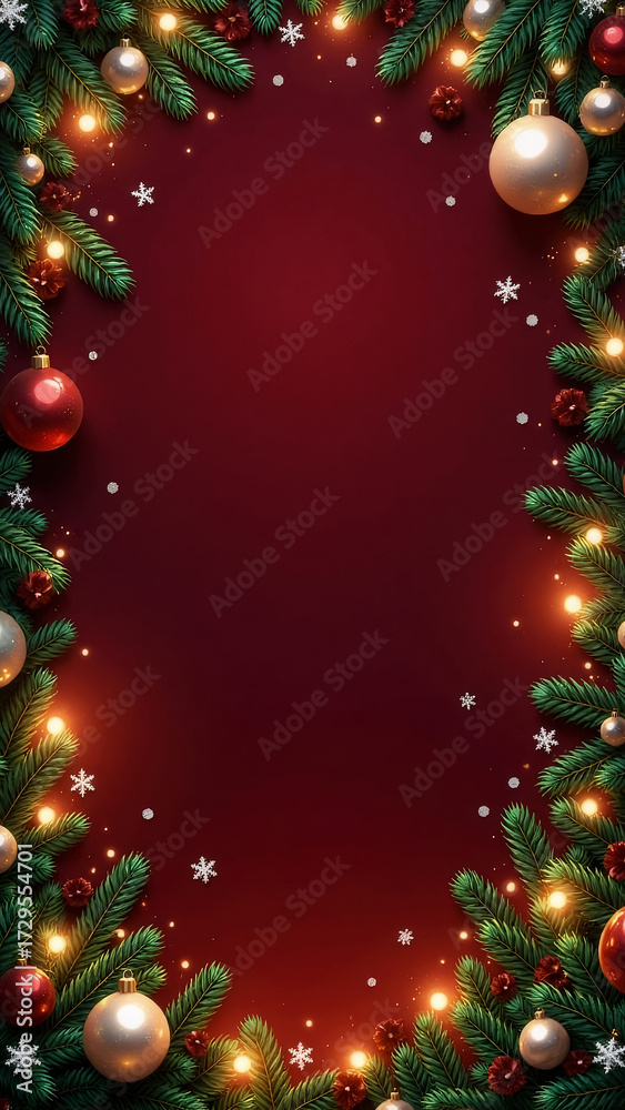 Obraz premium christmas background with fir branches, snowflakes and balls on a red background with empty space
