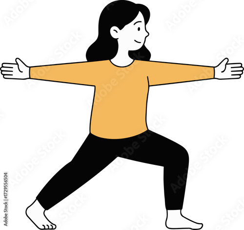 Vector art of a woman in a yellow shirt and black pants is striking the warrior two yoga pose, she is standing with her legs wide apart and her arms outstretched to the sides