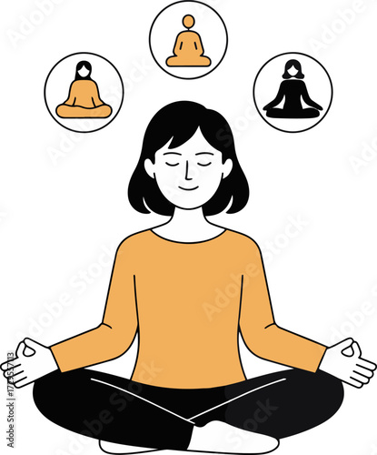 Vector art of a woman sits in a meditative pose, with three circular icons above her head depicting different meditation postures, she is calm, peaceful, and focused on her inner self