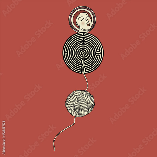 Head of a Christian saint on top of a round spiral maze or labyrinth symbol and a yarn ball. Creative philosophical concept. Ariadne thread.