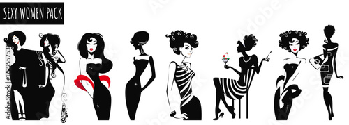 Artistic Woman Silhouette: A collection of stylized silhouettes of women in a fashion pack, creating a striking visual display, perfect for branding projects or cosmetics logos etc.