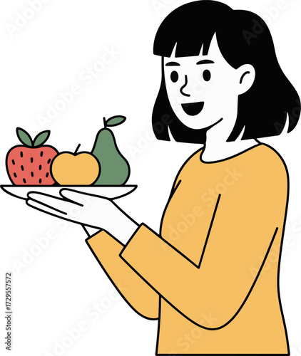 Vector art of a woman is holding a plate of fruits, smiling, and wearing a yellow shirt she is offering healthy food and promoting a healthy lifestyle