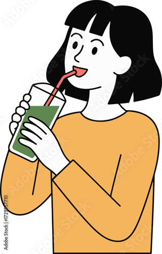 Vector art of a young woman is enjoying a healthy green smoothie, sipping through a straw, promoting wellness and a balanced diet