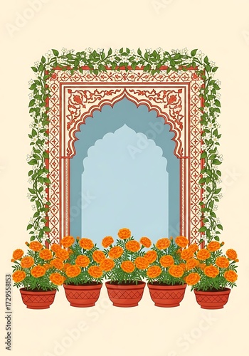 Ornate Indian Mughal arch with marigold flowers and jasmine vines.
