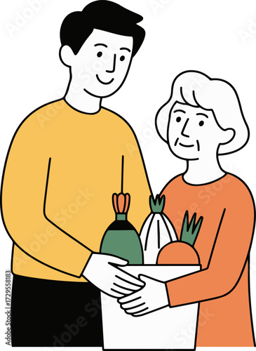 Vector art of a young man and an elderly woman are holding a bag of groceries together, representing intergenerational support, care, and community assistance, this heartwarming illustration shows com