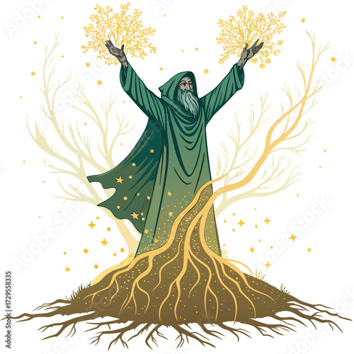 A wizard in a green robe raises golden branches in each hand.