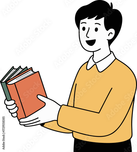 Vector art of a cheerful man holding a book, this simple illustration captures the joy of reading, perfect for educational content, book blogs, or library promotions with a minimalist style