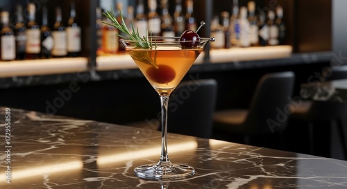 Fototapeta Naklejka Na Ścianę i Meble -  Gourmet cocktail elegantly garnished with herbs and cherry on a marble bar counter