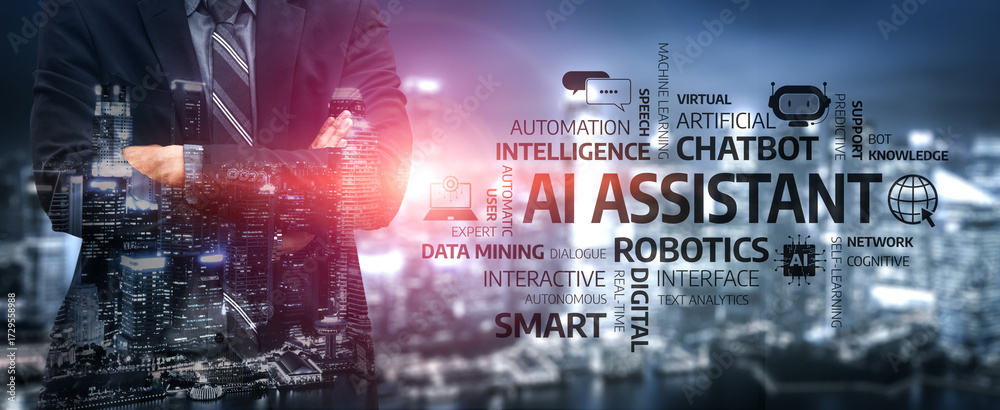 Fototapeta premium A confident business professional stands before a modern city skyline, emphasizing the role of AI assistants in enhancing technology and digital innovation for future industries. Tessel
