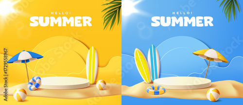 3D Summer Beach Scene with Podium. Set of advertising banners with umbrella, surfboard, tropical elements and pedestal for product presentation and awards. Realistic vector illustration collection