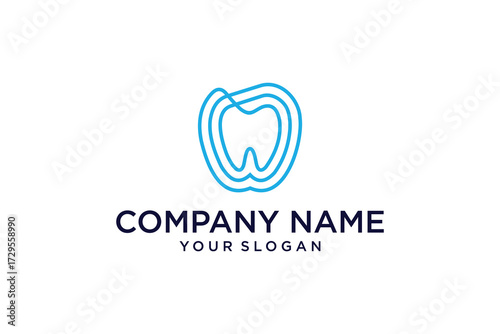 Dental clinic logo icon tooth outline stroke design illustration isolated on dark blue background with dental text and copy space
