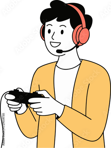 Vector art of a young man with headphones is playing a video game with a controller, his face lit up with excitement as he navigates the virtual world, his fingers dancing across the buttons