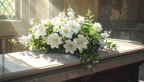 Elegant white flowers on a marble surface, bathed in sunlight