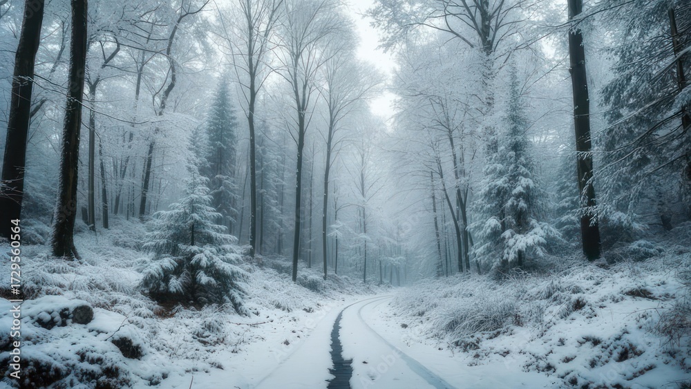 Naklejka premium Snow-covered path winds through a misty, winter forest