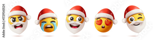 Christmas 3D Emoji Set. Cute holiday emoticons in plasticine style with Santa hats, beards, and hearts. New Year celebration. 3D cartoon vector illustration collection isolated on background
