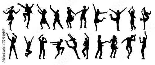 Set of dancing people silhouettes. Dark figures of men and women dancing hip hop or freestyle at party or nightclub. Moving characters. Flat vector illustration collection isolated on background