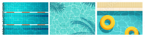 Swimming pool backgrounds set. Summer outdoor or sports pool with water ripples, palm tree shade and inflatable rings. Water surface texture. Cartoon vector isolated illustration collection