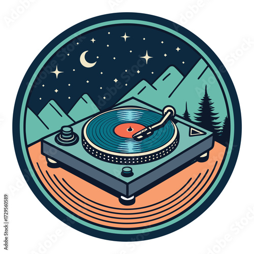 A vintage turntable spins a record under a starry night sky with mountains.