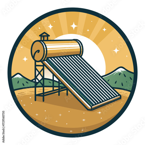 Solar water heater and sun on a mountain landscape.