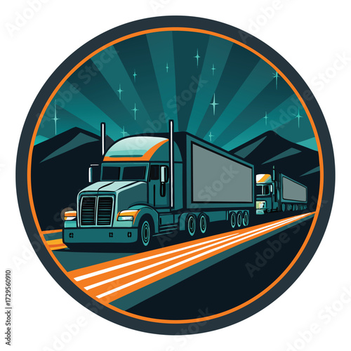 Two semi-trucks drive down a highway at night under a starry sky.