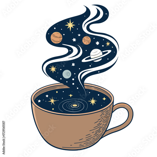 A cup of coffee steams with a galaxy of stars and planets.