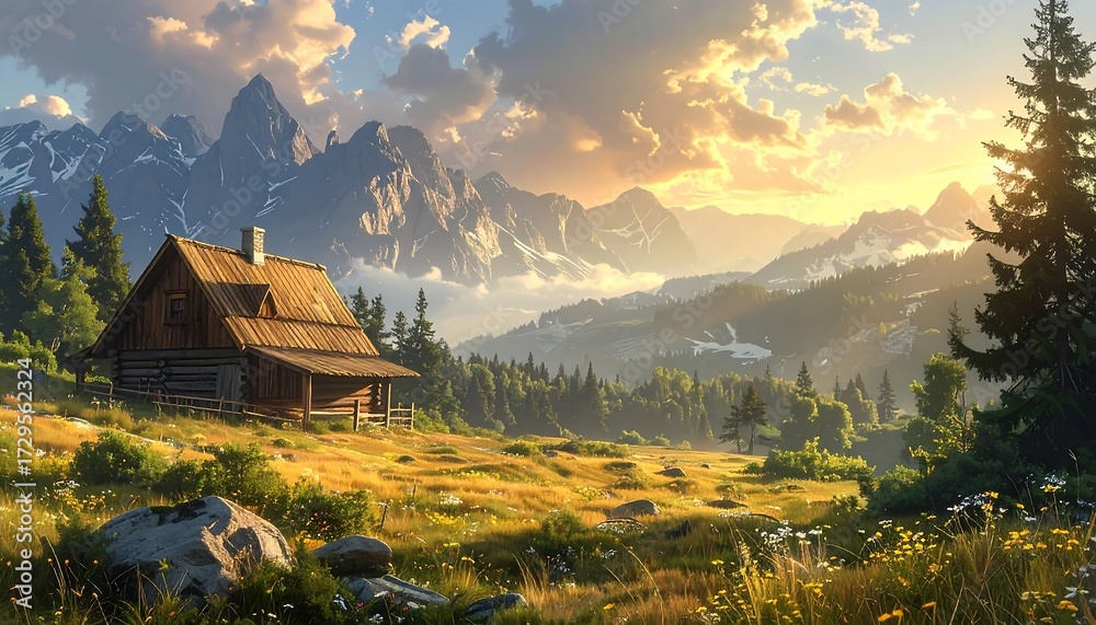 Naklejka premium Mountain hut at sunset, idyllic landscape