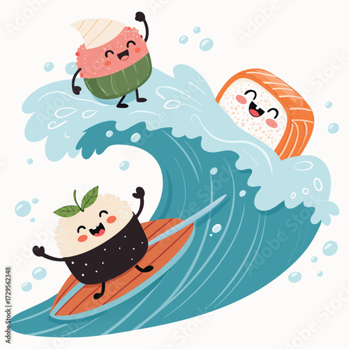 Cute sushi characters surfing a wave with smiles and excitement.
